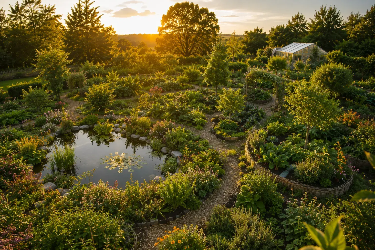 Jardin en permaculture conçu par design : buttes, guildes et bassin naturel